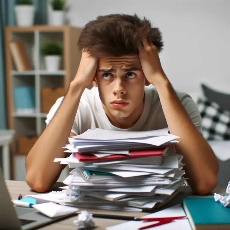 A stressed student with a pile of homework, looking overwhelmed and frustrated, sitting at a desk in a typical teenager's room (1)