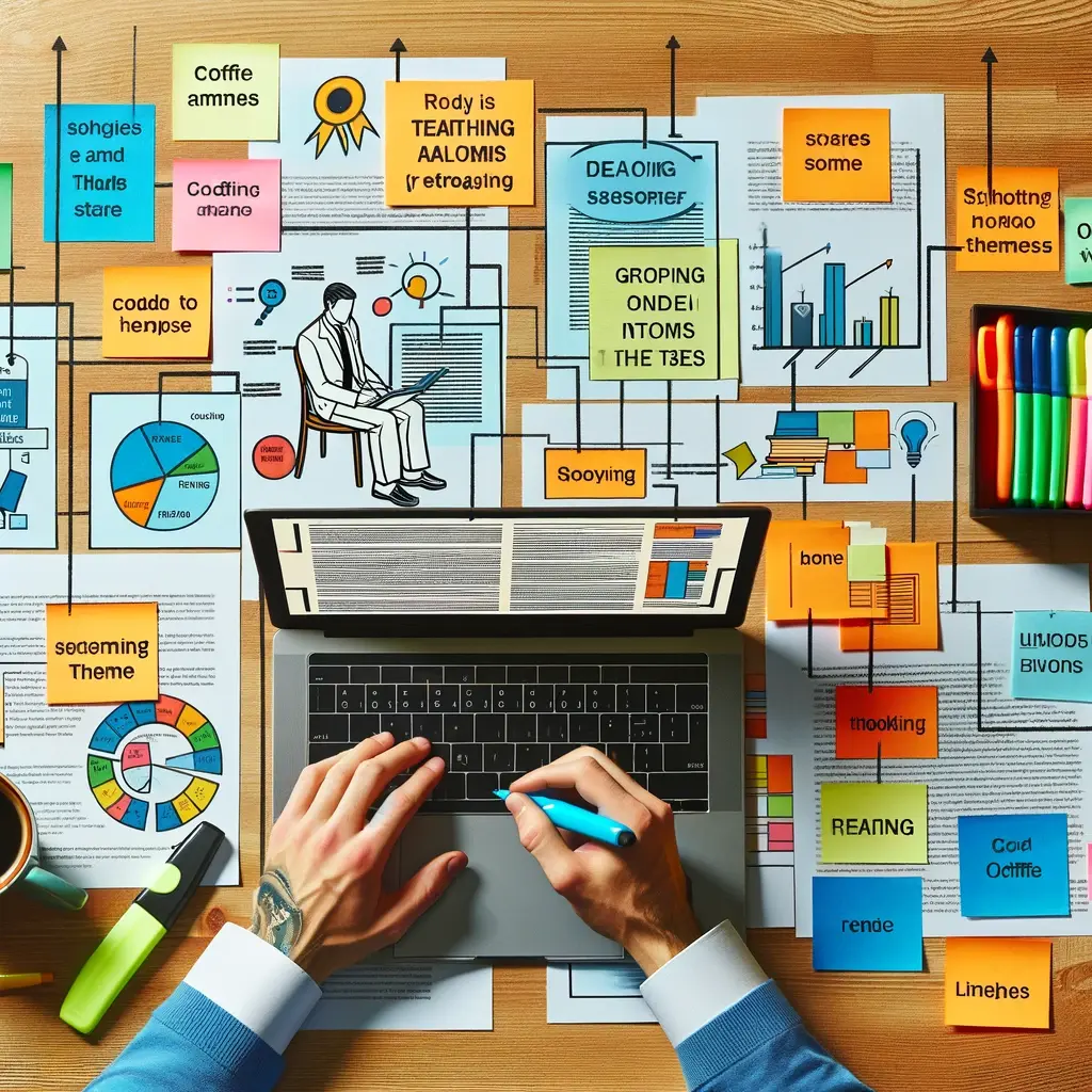 A person sitting at a desk with papers, a laptop, and colorful sticky notes, visually depicting the process of thematic analysis.